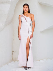 White Chiffon One Shoulder Sleeveless Floor Length Dress With High Slit