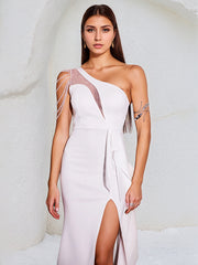 White Chiffon One Shoulder Sleeveless Floor Length Dress With High Slit