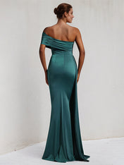 Peacock Satin One Shoulder Sleeveless Floor Length Dress