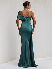 Peacock Satin One Shoulder Sleeveless Floor Length Dress
