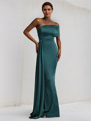 Peacock Satin One Shoulder Sleeveless Floor Length Dress