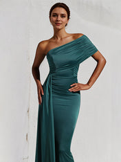 Peacock Satin One Shoulder Sleeveless Floor Length Dress
