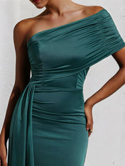 Peacock Satin One Shoulder Sleeveless Floor Length Dress