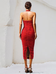 Red Chiffon Halter Neck Sleeveless Tea Length Dress