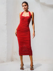 Red Chiffon Halter Neck Sleeveless Tea Length Dress