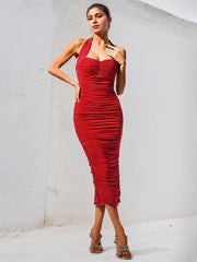 Red Chiffon Halter Neck Sleeveless Tea Length Dress