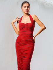 Red Chiffon Halter Neck Sleeveless Tea Length Dress