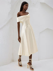 A Line Ivory Satin Off the Shoulder Sleeveless Tea Length Dress