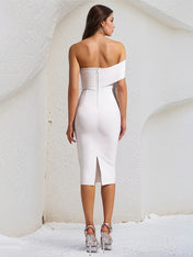 White Stretch Crepe One Shoulder Sleeveless Tea Length Dress With Slit