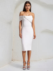 White Stretch Crepe One Shoulder Sleeveless Tea Length Dress With Slit
