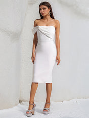 White Stretch Crepe One Shoulder Sleeveless Tea Length Dress With Slit
