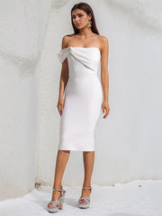 White Stretch Crepe One Shoulder Sleeveless Tea Length Dress With Slit