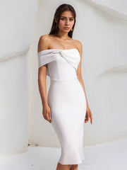 White Stretch Crepe One Shoulder Sleeveless Tea Length Dress With Slit