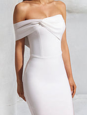 White Stretch Crepe One Shoulder Sleeveless Tea Length Dress With Slit