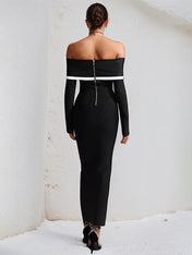 Black Stretch Crepe Off The Shoulder Long Sleeves Ankle Length Dress