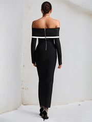 Black Stretch Crepe Off The Shoulder Long Sleeves Ankle Length Dress