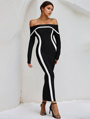 Black Stretch Crepe Off The Shoulder Long Sleeves Ankle Length Dress