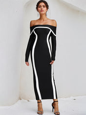 Black Stretch Crepe Off The Shoulder Long Sleeves Ankle Length Dress