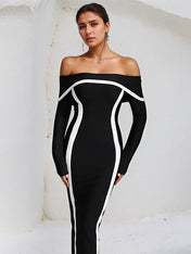 Black Stretch Crepe Off The Shoulder Long Sleeves Ankle Length Dress