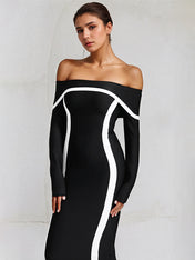 Black Stretch Crepe Off The Shoulder Long Sleeves Ankle Length Dress