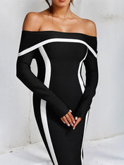 Black Stretch Crepe Off The Shoulder Long Sleeves Ankle Length Dress