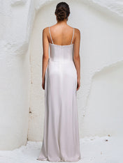 White Chiffon Spaghetti Straps Sleeveless Floor Length Dress With Floral Ruffled