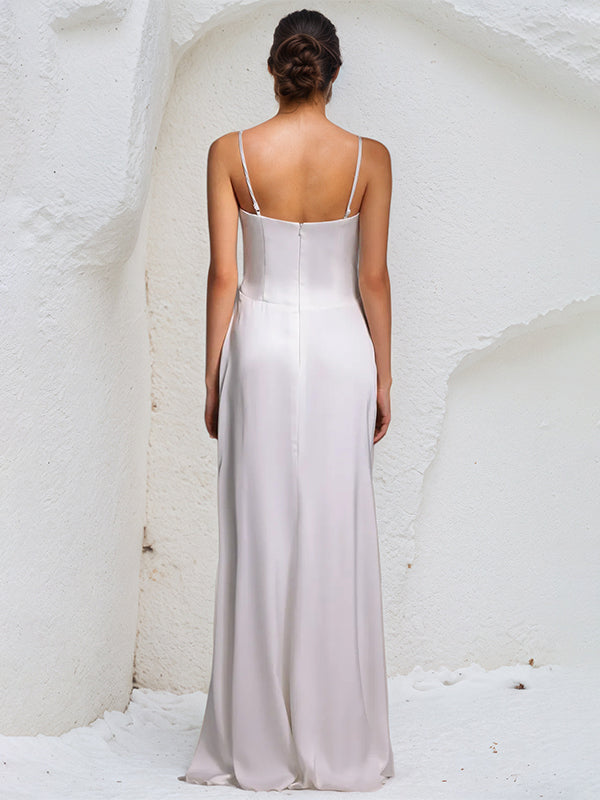 White Chiffon Spaghetti Straps Sleeveless Floor Length Dress With Floral Ruffled