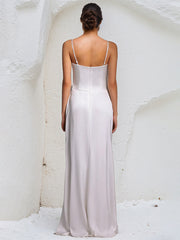 White Chiffon Spaghetti Straps Sleeveless Floor Length Dress With Floral Ruffled