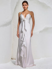 White Chiffon Spaghetti Straps Sleeveless Floor Length Dress With Floral Ruffled
