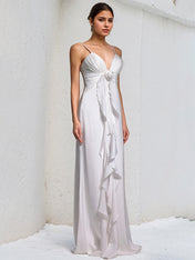 White Chiffon Spaghetti Straps Sleeveless Floor Length Dress With Floral Ruffled