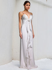 White Chiffon Spaghetti Straps Sleeveless Floor Length Dress With Floral Ruffled