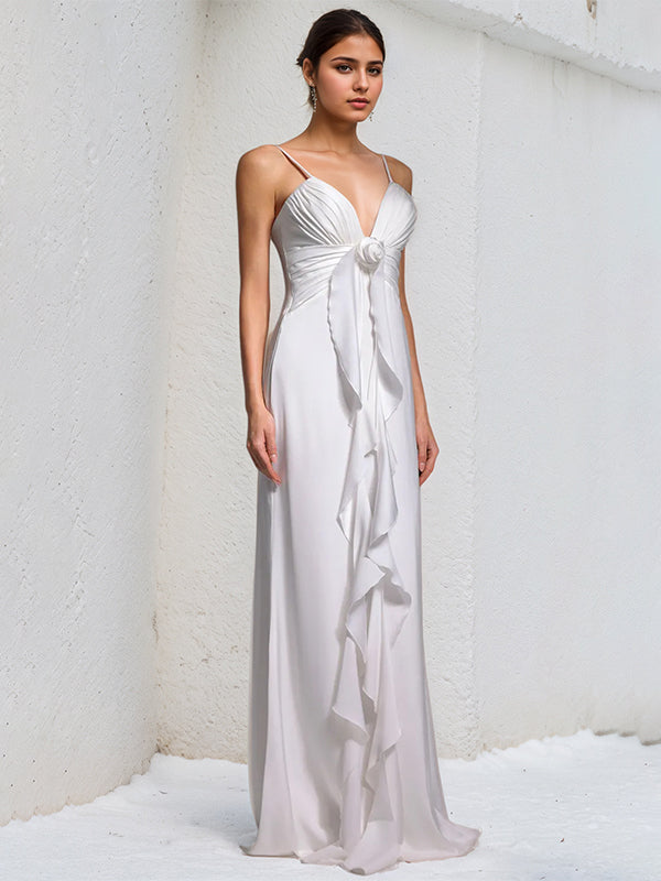 White Chiffon Spaghetti Straps Sleeveless Floor Length Dress With Floral Ruffled