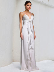 White Chiffon Spaghetti Straps Sleeveless Floor Length Dress With Floral Ruffled