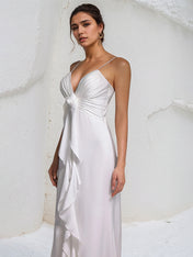 White Chiffon Spaghetti Straps Sleeveless Floor Length Dress With Floral Ruffled