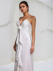 White Chiffon Spaghetti Straps Sleeveless Floor Length Dress With Floral Ruffled