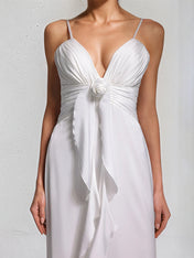 White Chiffon Spaghetti Straps Sleeveless Floor Length Dress With Floral Ruffled