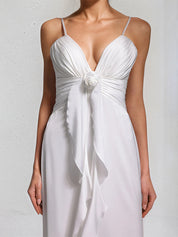 White Chiffon Spaghetti Straps Sleeveless Floor Length Dress With Floral Ruffled
