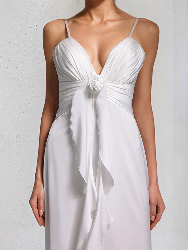 White Chiffon Spaghetti Straps Sleeveless Floor Length Dress With Floral Ruffled