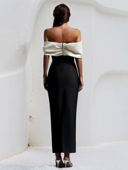 Black&White Stretch Crepe Off The Shoulder Sleeveless Ankle Length Dress