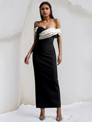 Black&White Stretch Crepe Off The Shoulder Sleeveless Ankle Length Dress