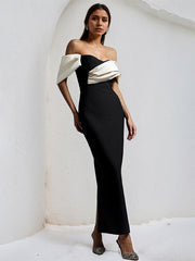 Black&White Stretch Crepe Off The Shoulder Sleeveless Ankle Length Dress