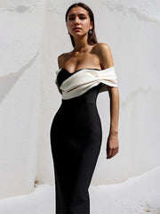 Black&White Stretch Crepe Off The Shoulder Sleeveless Ankle Length Dress
