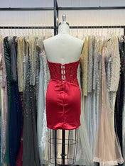 Bodycon Scoop Neck Satin Short Homecoming Dress with Appliqeus