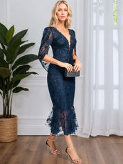 Trumpet/Mermaid V-Neck Tea-Length Tulle Lace Cocktail Dress With Sequins