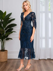 Trumpet/Mermaid V-Neck Tea-Length Tulle Lace Cocktail Dress With Sequins