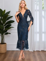 Trumpet/Mermaid V-Neck Tea-Length Tulle Lace Cocktail Dress With Sequins