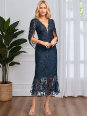 Trumpet/Mermaid V-Neck Tea-Length Tulle Lace Cocktail Dress With Sequins