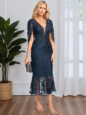 Trumpet/Mermaid V-Neck Tea-Length Tulle Lace Cocktail Dress With Sequins