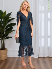 Trumpet/Mermaid V-Neck Tea-Length Tulle Lace Cocktail Dress With Sequins