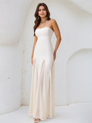 A Line White Chiffon Off the Shoulder Sleeveless Floor Length Dress